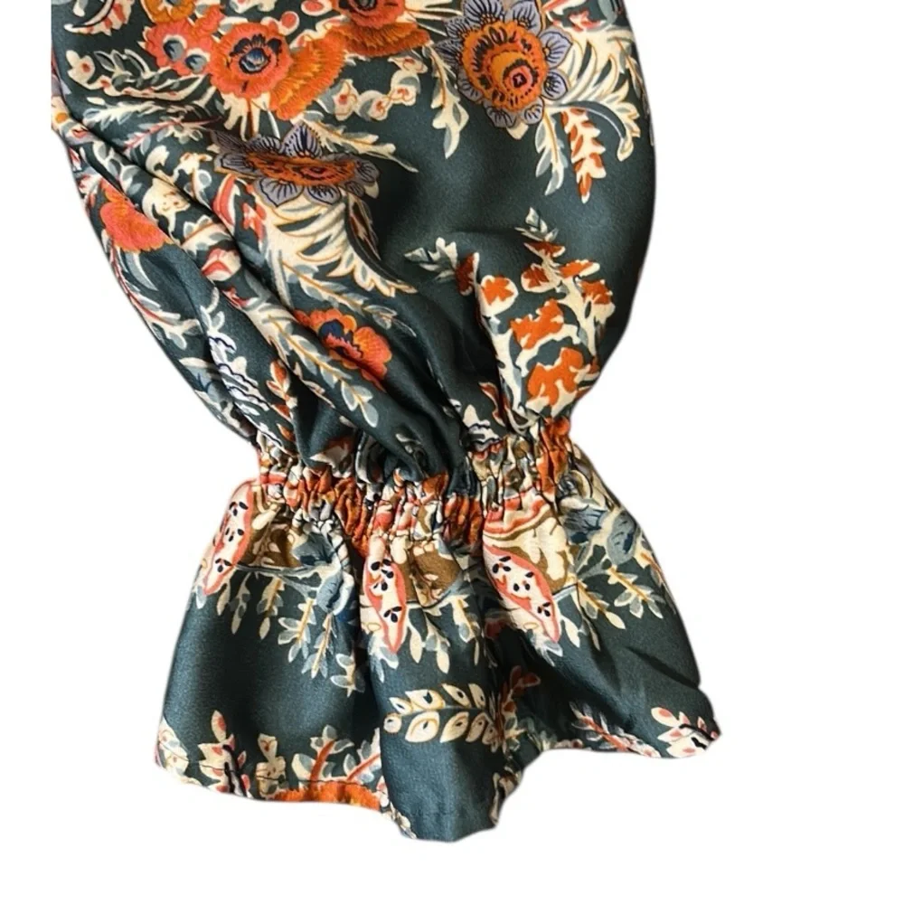 Umgee Boho Green Orange Floral Print Blouse Top V-Neck Long Sleeves Ruffle Small - Picture 10 of 11